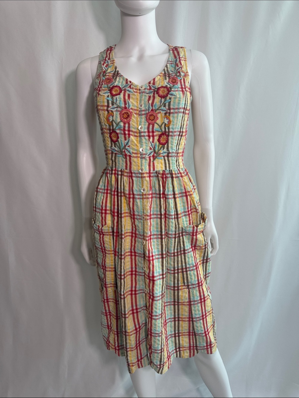 April Cornell Vintage Embroidered Plaid Midi Dress - Size Small